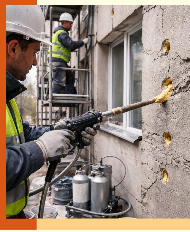 Заполнение пустот в фасаде и утепление стен в Городце